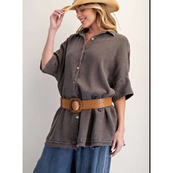 #0837 Easel NWT Ash Washed Cotton Gauze Button Up Oversized Shirt Sz Small-Large - Picture 2 of 4